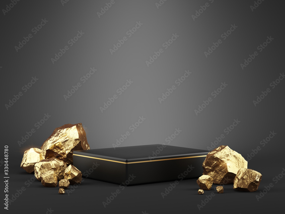 Black Pedestal and gols stones, Blank Pedestal minimal concept template - 3d rendering mockup