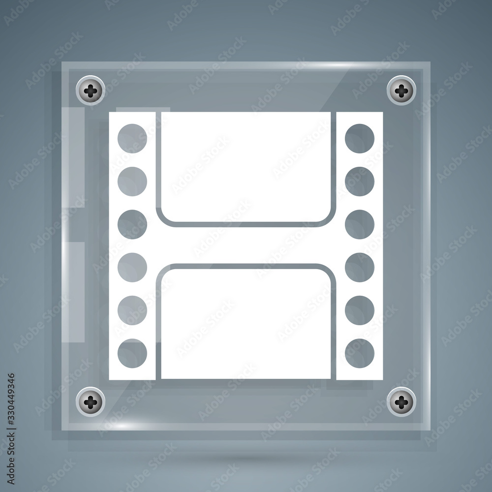 White Play Video icon isolated on grey background. Film strip sign. Square glass panels. Vector Illu