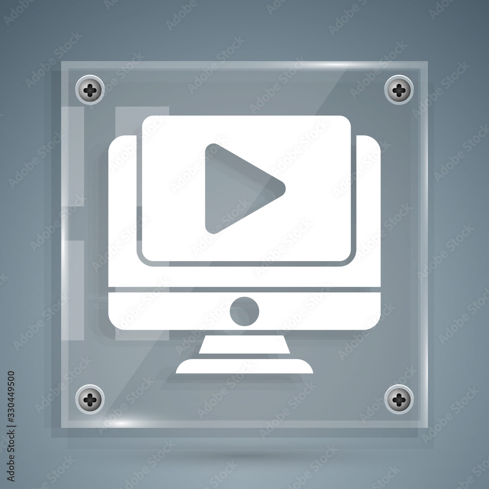 White Online play video icon isolated on grey background. Computer monitor and film strip with play 