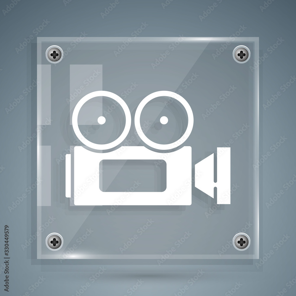 White Cinema camera icon isolated on grey background. Video camera. Movie sign. Film projector. Squa