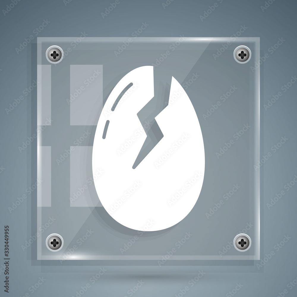 White Broken egg icon isolated on grey background. Happy Easter. Square glass panels. Vector Illustr