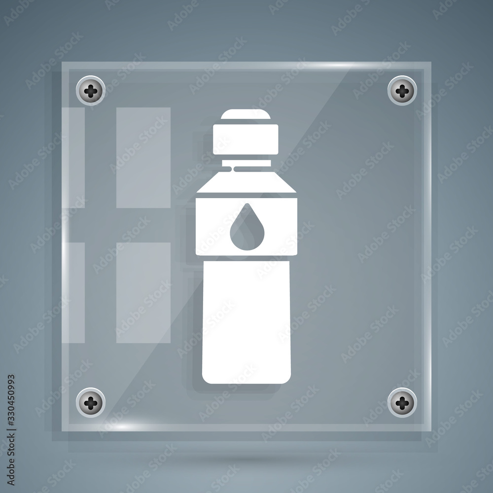 White Bottle of water icon isolated on grey background. Soda aqua drink sign. Square glass panels. V