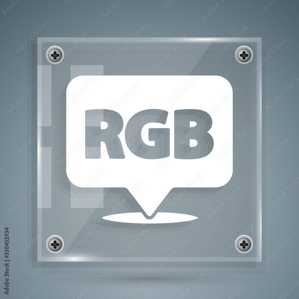 White Speech bubble with RGB and CMYK color mixing icon isolated on grey background. Square glass pa