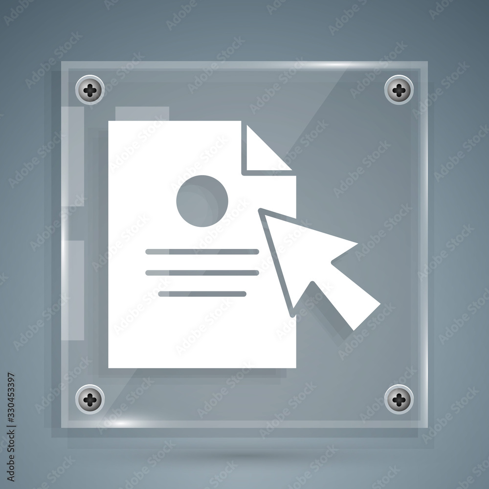 White Document and cursor icon isolated on grey background. File icon. Checklist icon. Business conc