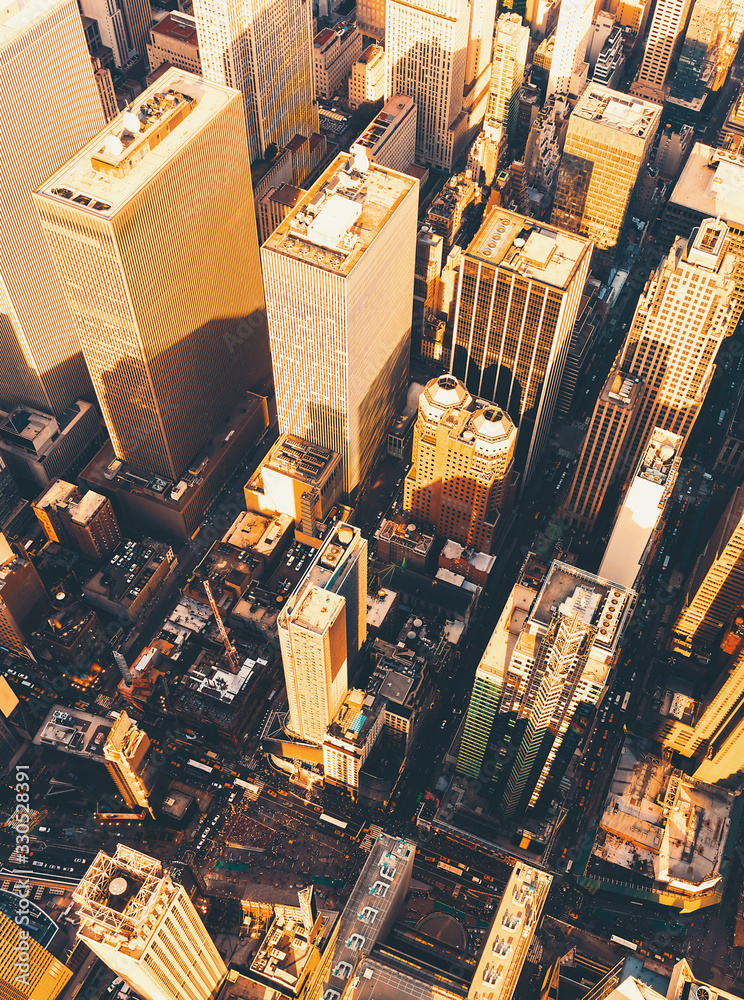 Aerial view of Times Square New York CIty at sunset