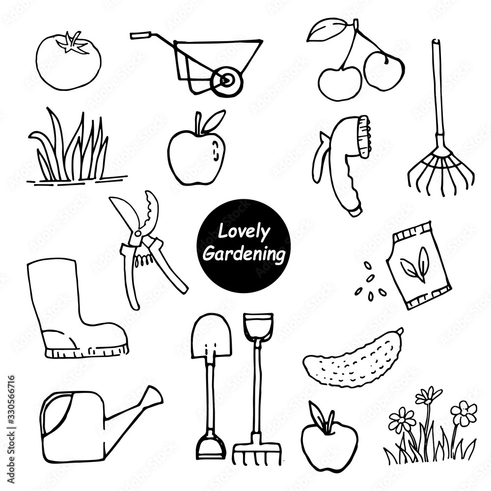 stock vector illustration drawing in doodle style. set of gardening elements. cute hand drawings veg