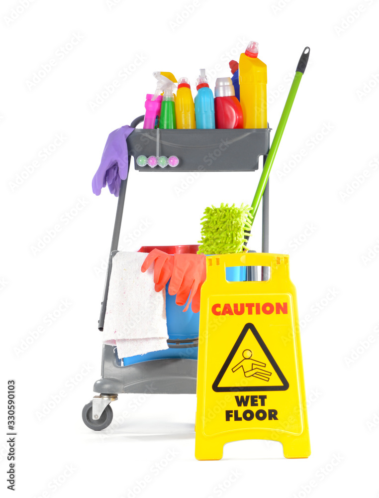 Set of cleaning supplies with caution sign on white background