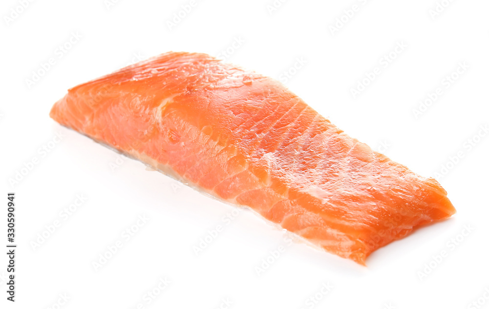 Raw salmon fillet on white background