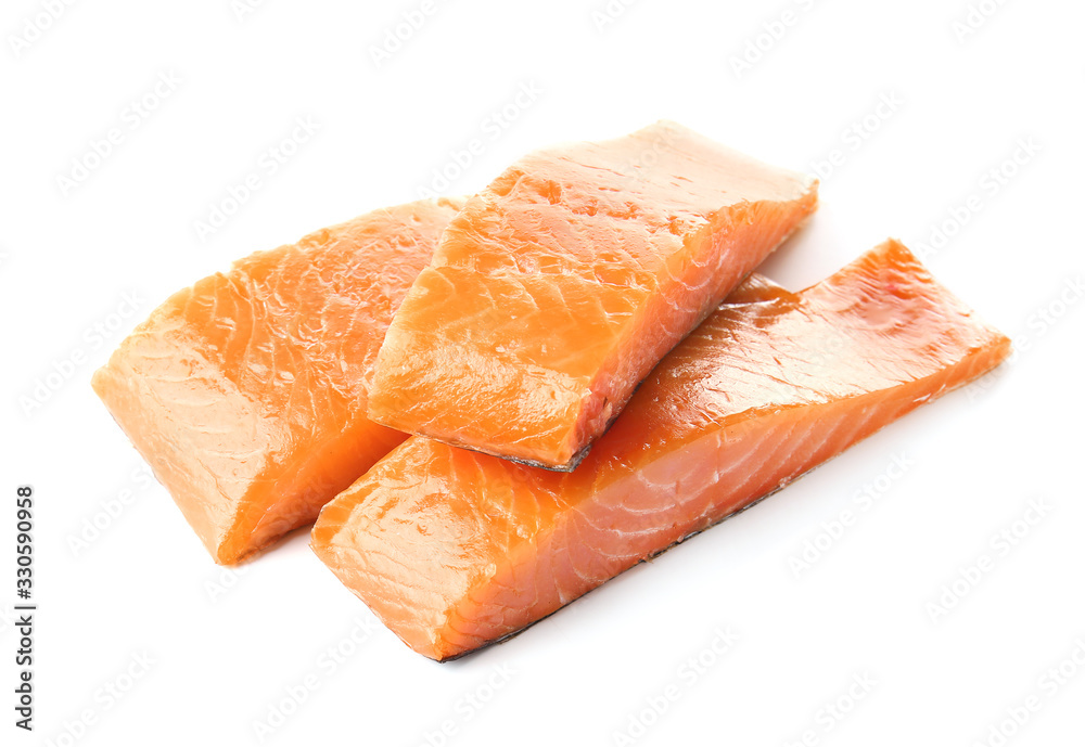 Raw salmon fillet on white background