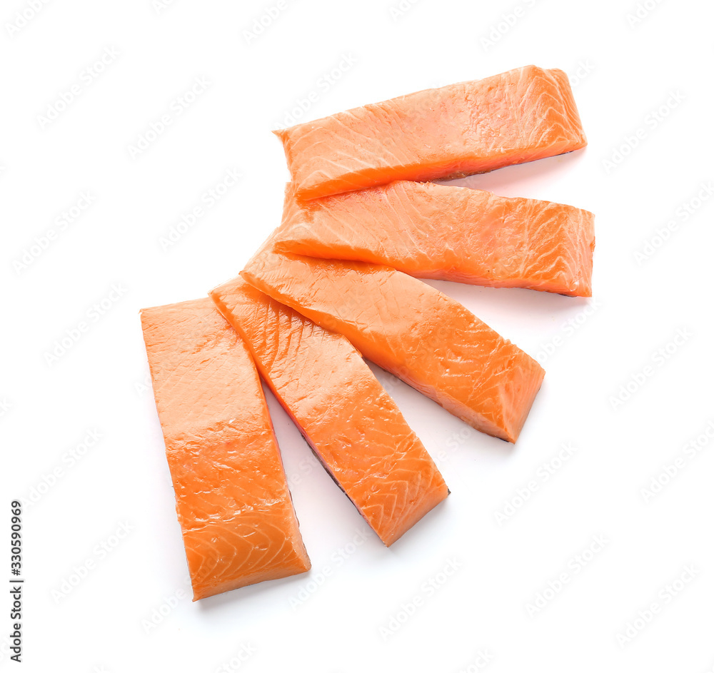 Raw salmon fillet on white background