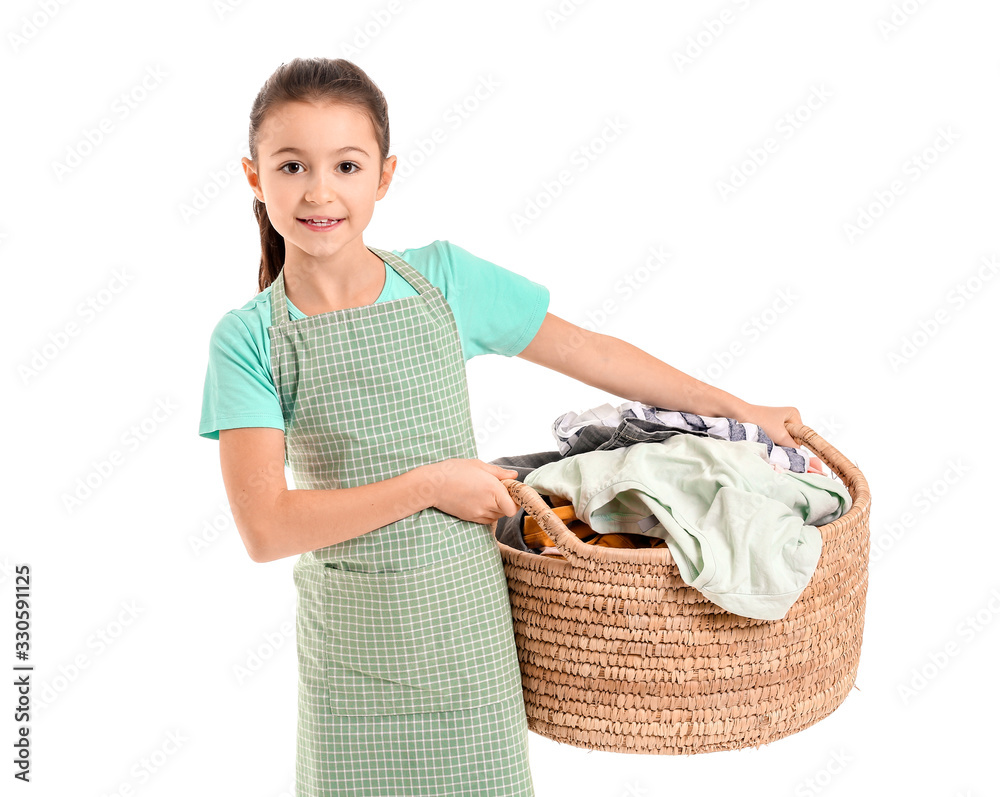 Little housewife with laundry on white background