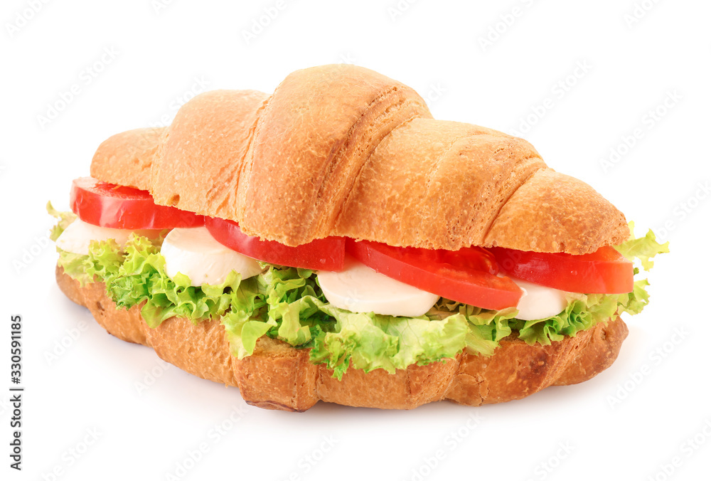 Tasty croissant sandwich on white background