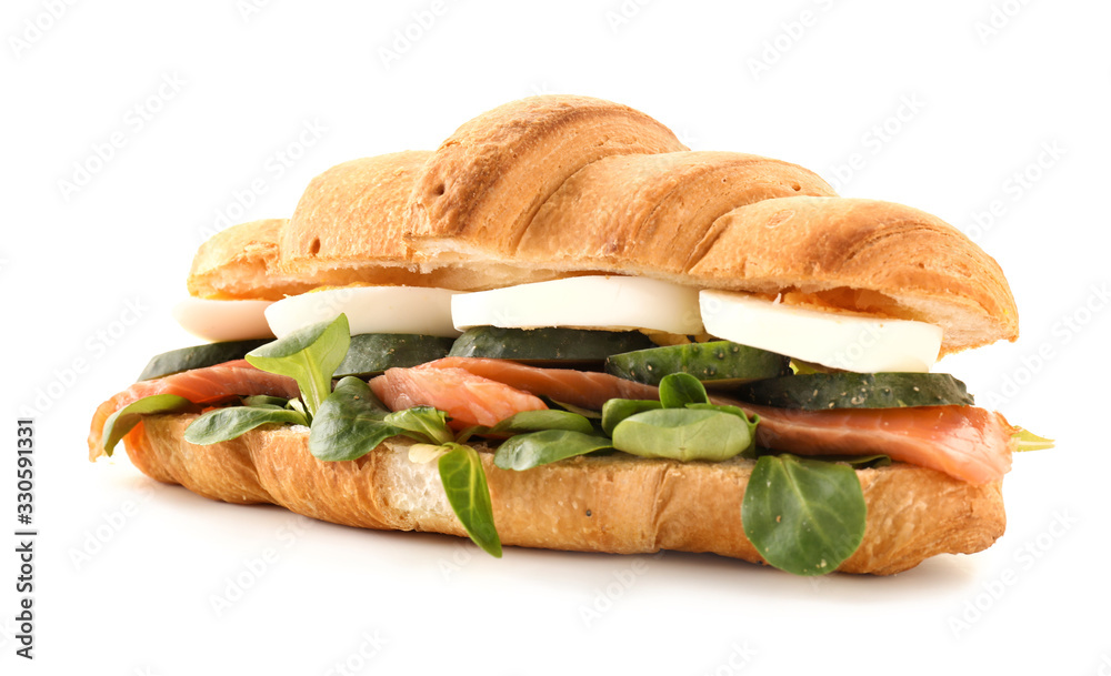 Tasty croissant sandwich on white background