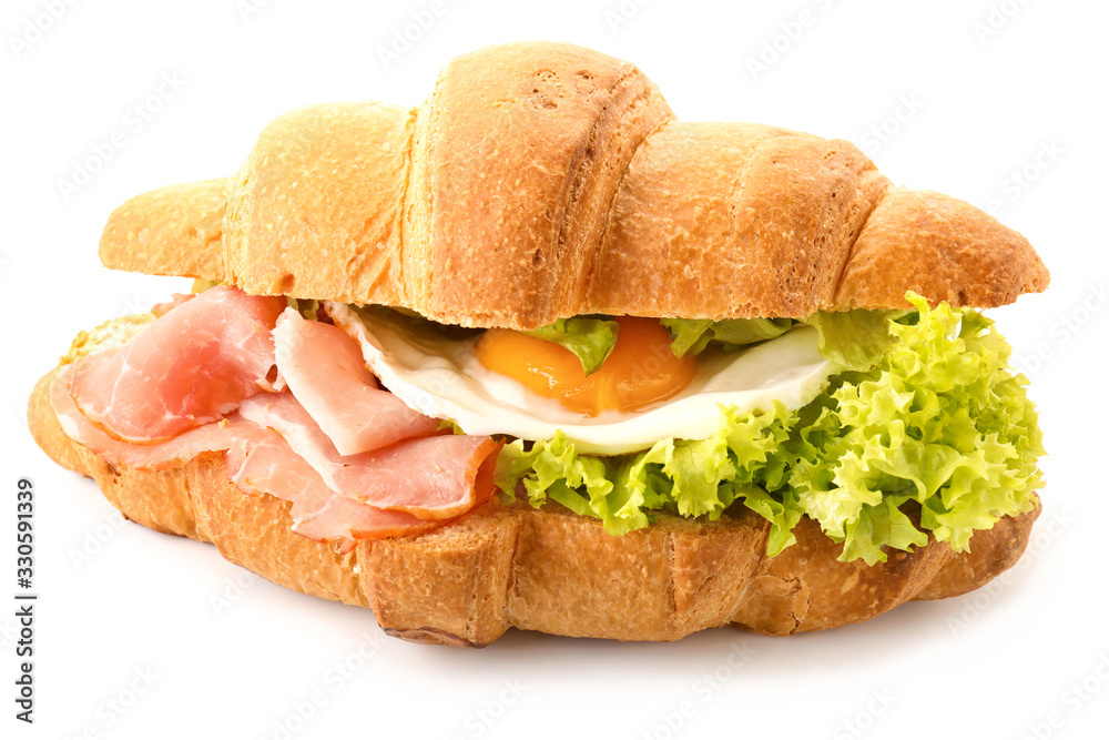 Tasty croissant sandwich on white background