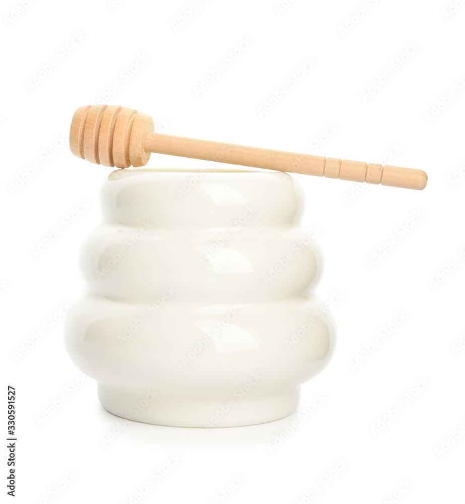 Jar with sweet honey on white background