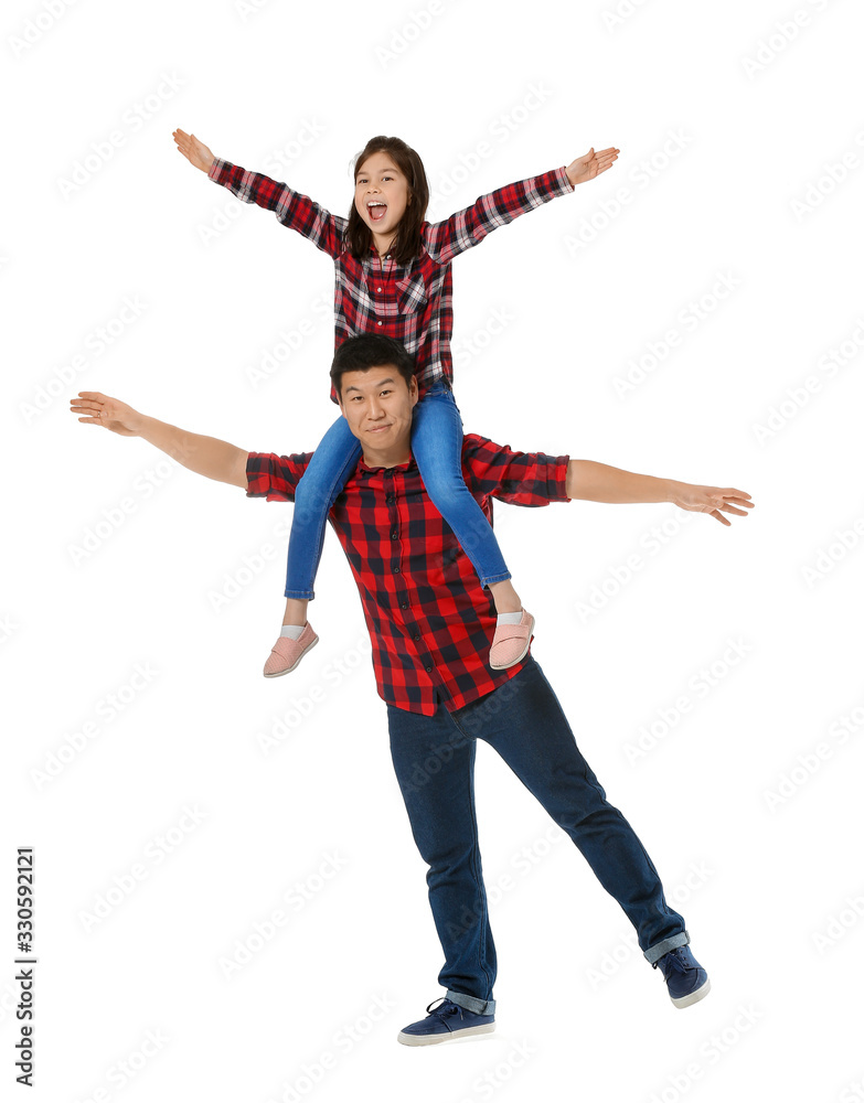 Happy Asian man and his little daughter on white background