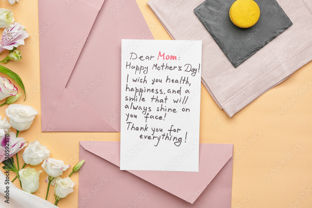 Composition with greeting card for mother on color background