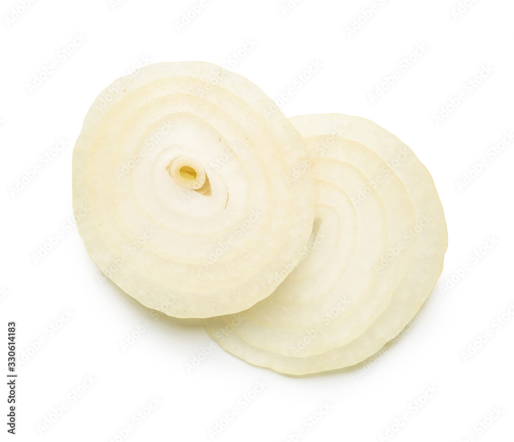 Fresh raw onion rings on white background