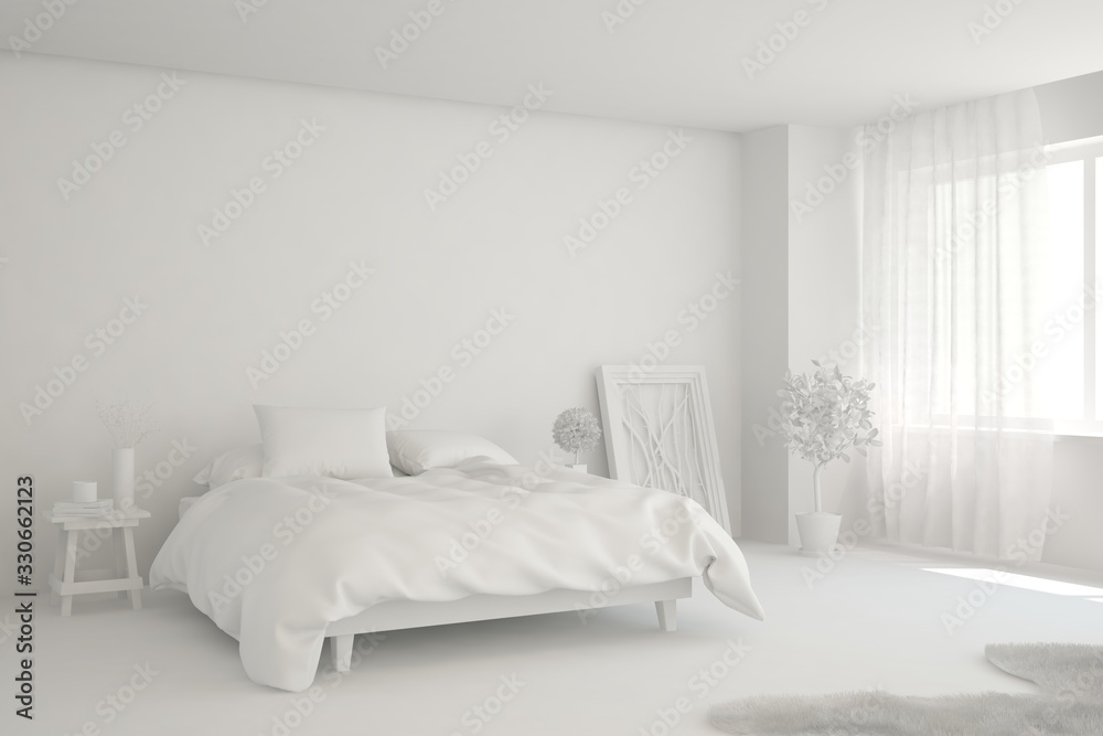 Modern bedroom in white color. Scandinavian interior design. 3D illustration