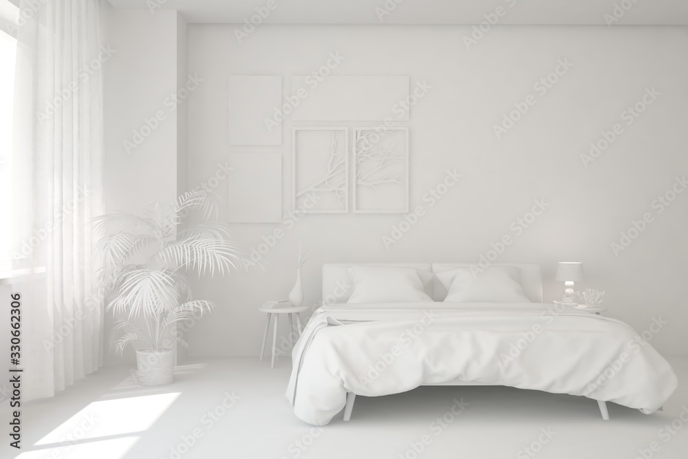 Modern bedroom in white color. Scandinavian interior design. 3D illustration