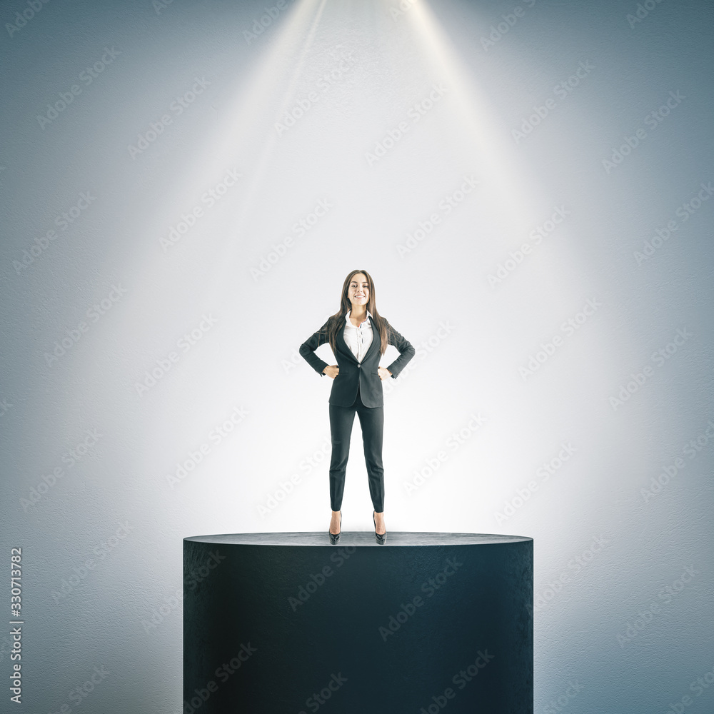 Abstract futuristic gallery interior with businesswoman on podium.