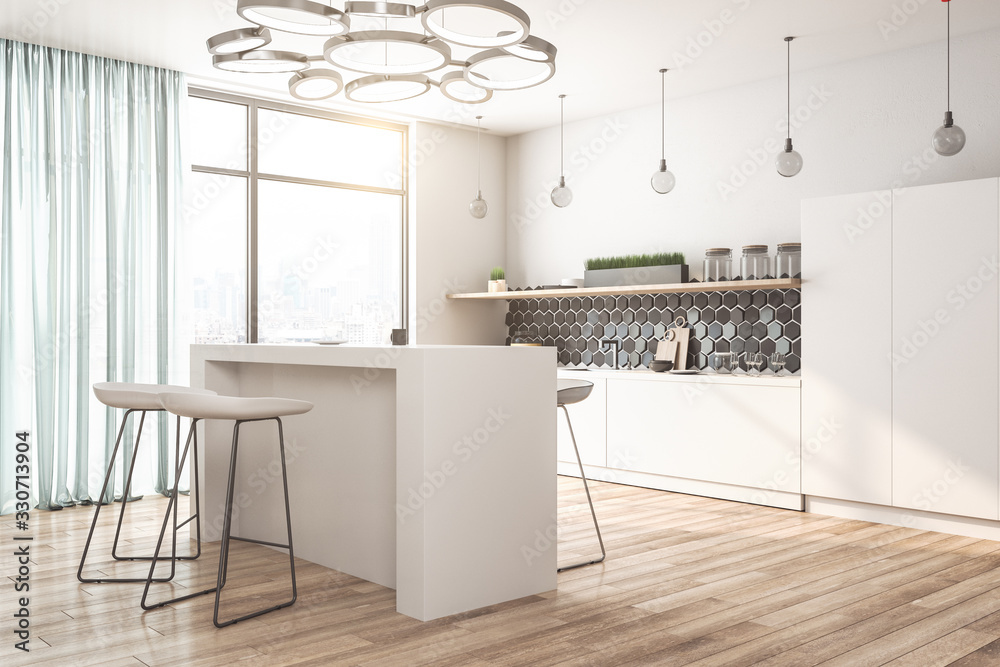 Bright loft kitchen interior with furniture