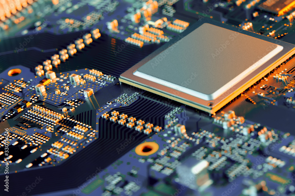 Electronic circuit board with electronic components such as chips close up