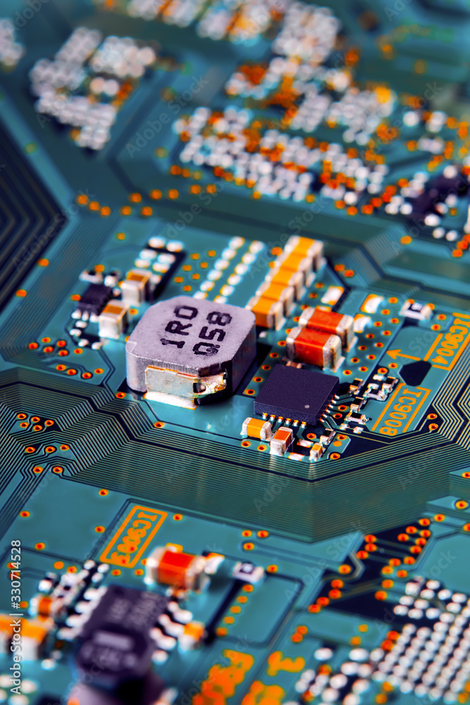 Electronic circuit board with electronic components such as chips close up