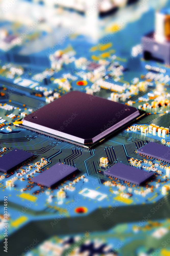 Electronic circuit board with electronic components such as chips close up