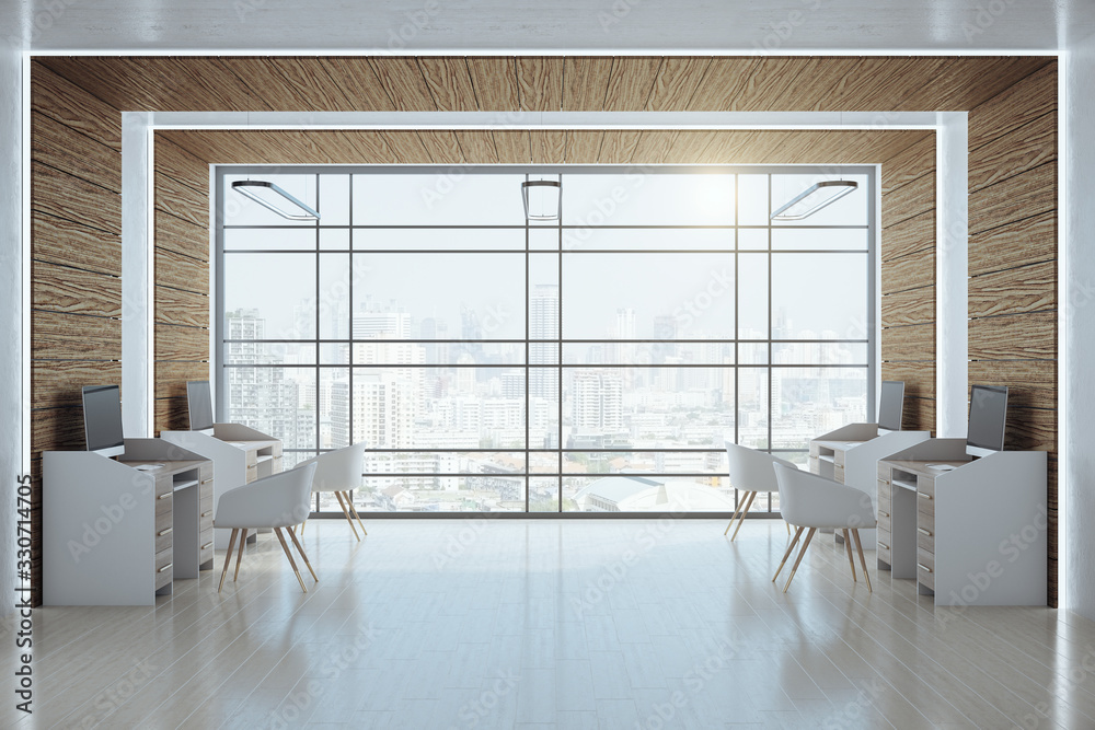 Modern coworking office interior with city view