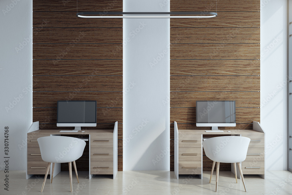 Contemporary coworking office interior with two computers