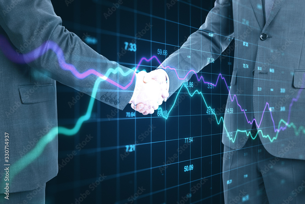 Businessmen shaking hands and abstract forex chart.