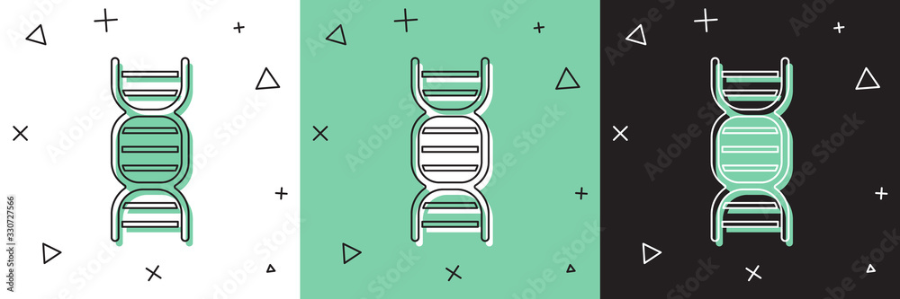 设置隔离在白色和绿色黑色背景上的DNA符号图标。矢量插图