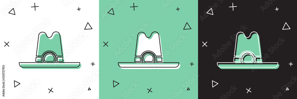 将西部牛仔帽图标隔离在白色和绿色黑色背景上。矢量插图