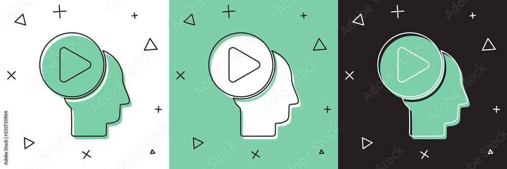 Set Head people with play button icon isolated on white and green, black background. Vector Illustra