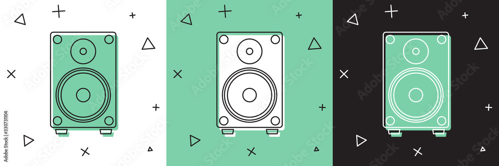 将立体声扬声器图标隔离在白色和绿色、黑色背景上。音响系统扬声器。音乐