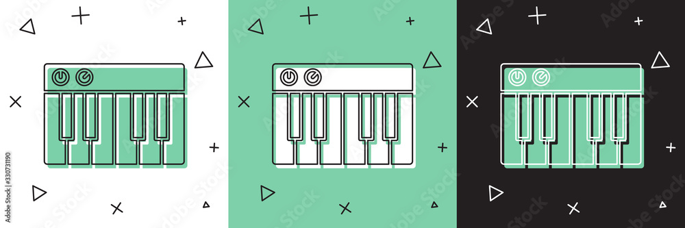 将音乐合成器图标隔离在白色和绿色，黑色背景上。电子钢琴。矢量I