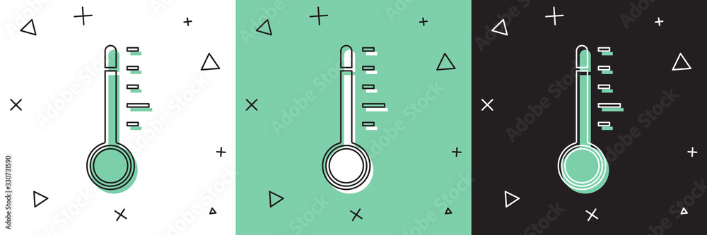 Set Meteorology thermometer measuring icon isolated on white and green, black background. Thermomete