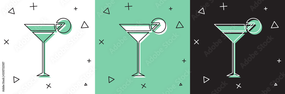 Set Martini glass icon isolated on white and green, black background. Cocktail icon. Wine glass icon