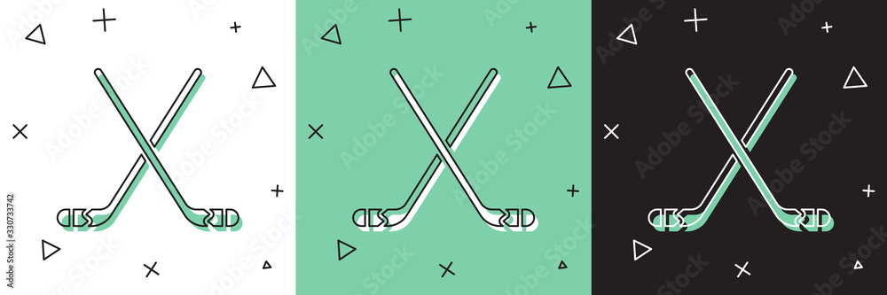 Set Ice hockey sticks icon isolated on white and green, black background. Vector Illustration