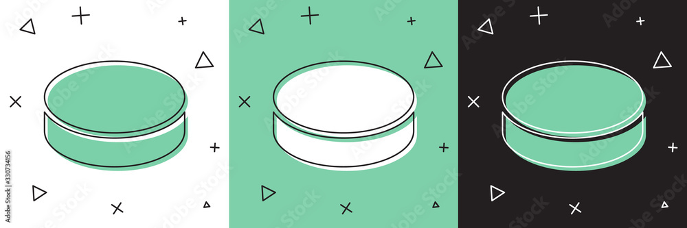 Set Hockey puck icon isolated on white and green, black background. Vector Illustration