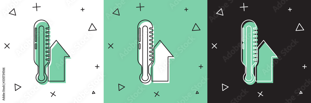 将气象温度计测量图标隔离在白色和绿色、黑色背景上。温度计