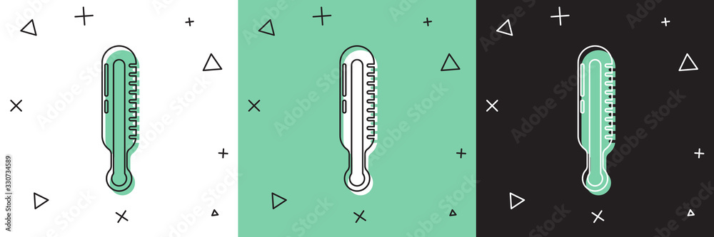 将气象温度计测量图标隔离在白色和绿色、黑色背景上。温度计