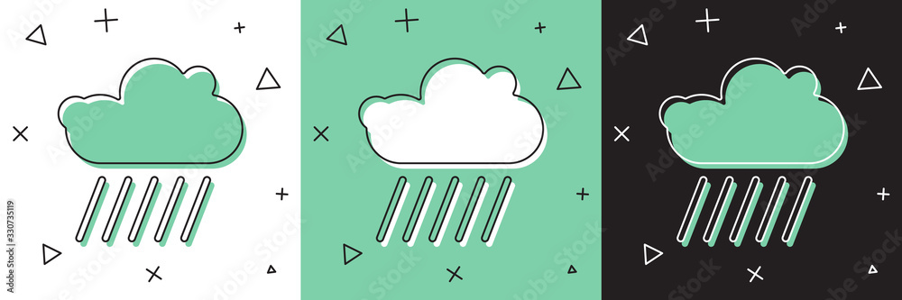 Set Cloud with rain icon isolated on white and green, black background. Rain cloud precipitation wit