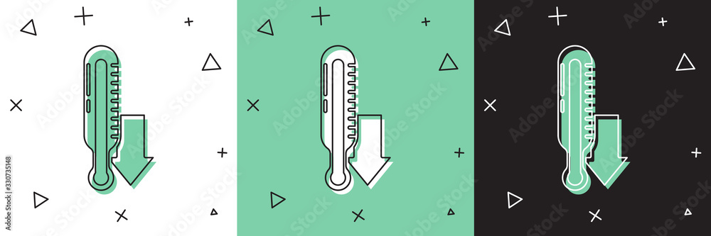 将气象温度计测量图标隔离在白色和绿色、黑色背景上。温度计