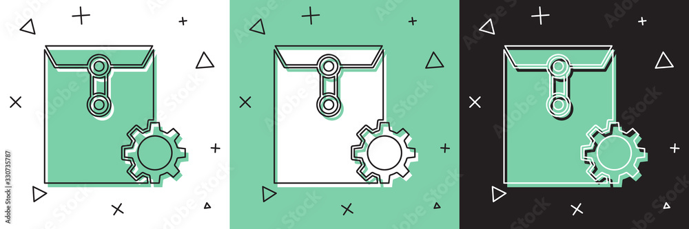 将信封设置图标隔离在白色和绿色黑色背景上。矢量插图