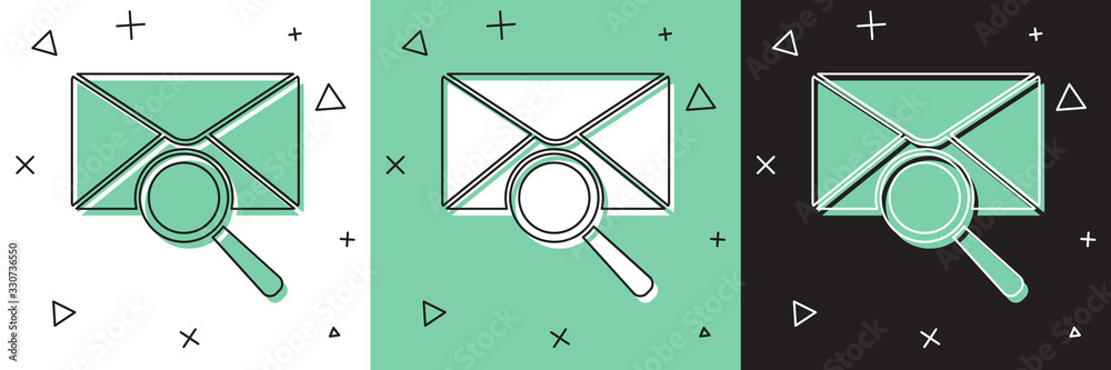 Set Envelope mail with magnifying glass icon isolated on white and green, black background. Vector I