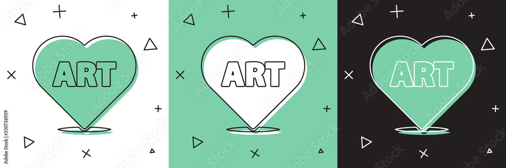 Set Heart with text art icon isolated on white and green，black background。矢量插图