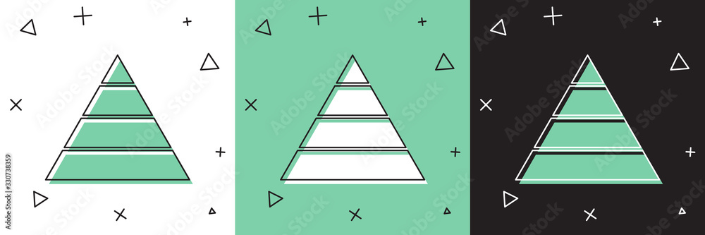 Set Business pyramid chart infographics icon isolated on white and green, black background. Pyramida