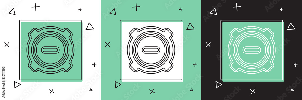 将检修孔下水道盖图标隔离在白色和绿色黑色背景上。矢量图